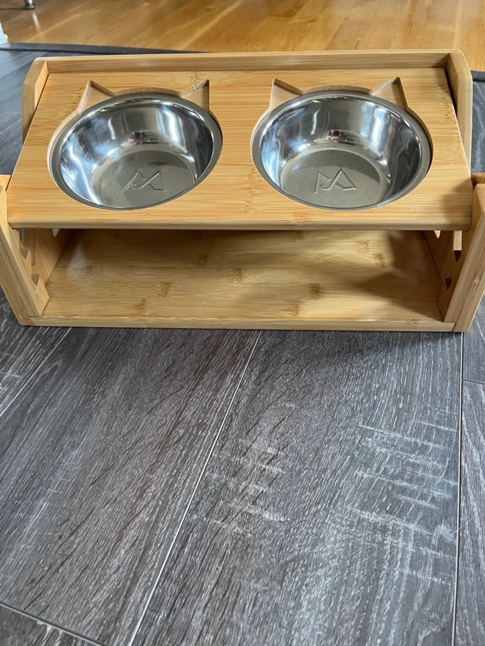 Wood and Double Stainless Steel Cat and Small Dog Adjustable Tilted Bowl - Picture 3 of 4